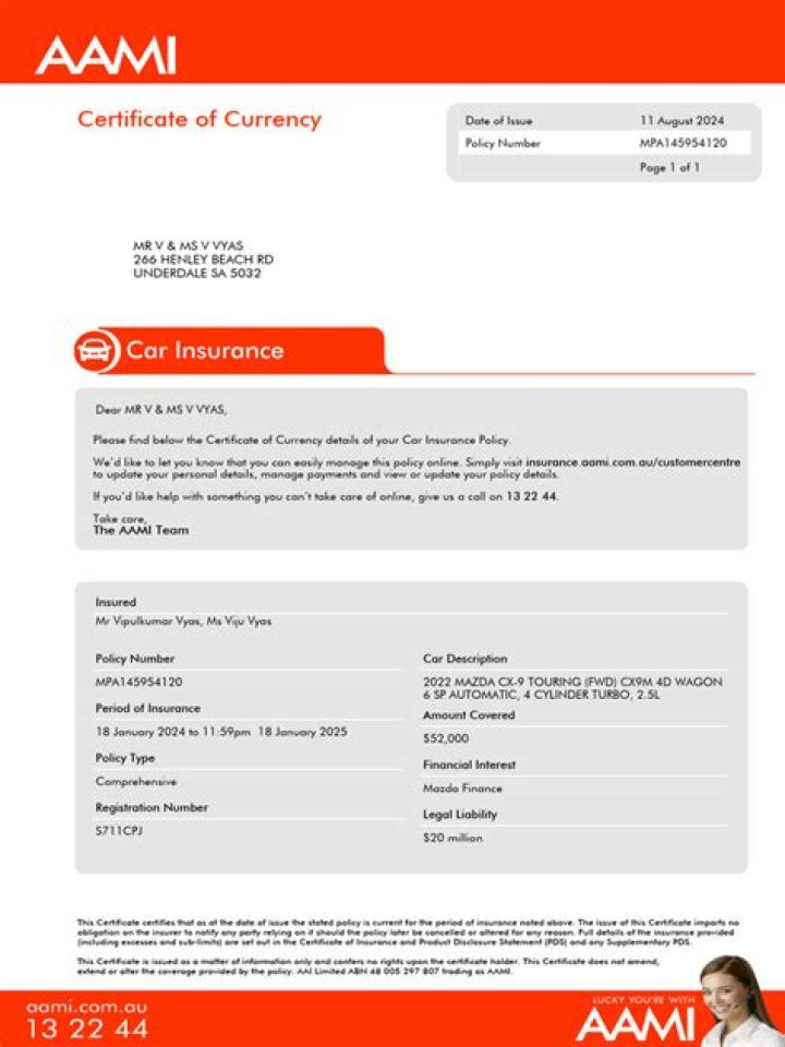 What is a certificate of currency car insurance